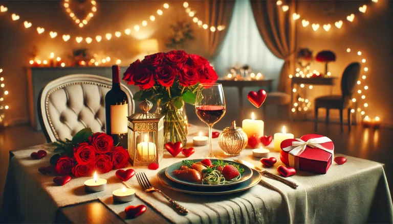 DALL·E 2025 02 16 16.20.01 A cozy and romantic Valentines Day dinner setting. A beautifully decorated table for two with red roses candles and elegant dinnerware. Soft lighti