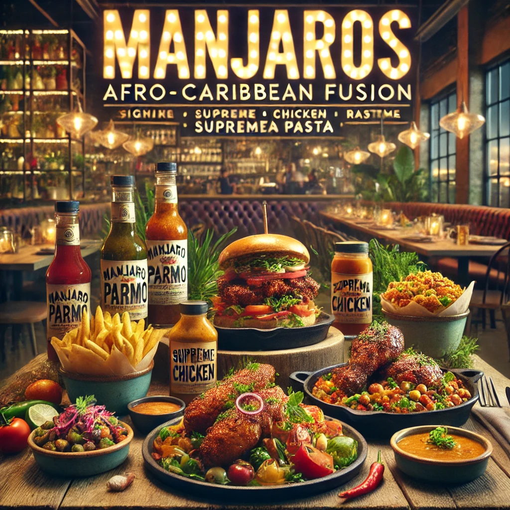 DALL·E 2025 02 22 01.52.41 A vibrant presentation of Manjaros menu featuring a selection of Afro Caribbean fusion dishes such as the signature Manjaros Parmo succulent Suprem
