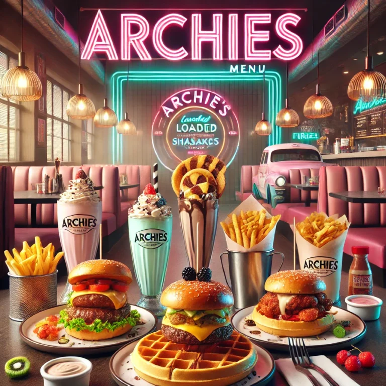 DALL·E 2025 02 22 01.52.44 A vibrant presentation of Archies menu featuring a selection of gourmet burgers loaded fries creamy milkshakes and indulgent waffles topped with