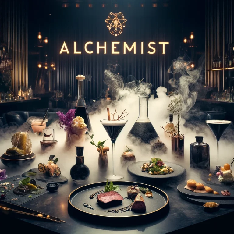DALL·E 2025 02 22 01.52.48 A stylish and artistic presentation of The Alchemists menu featuring a selection of innovative and theatrical dishes such as dry ice infused cocktai