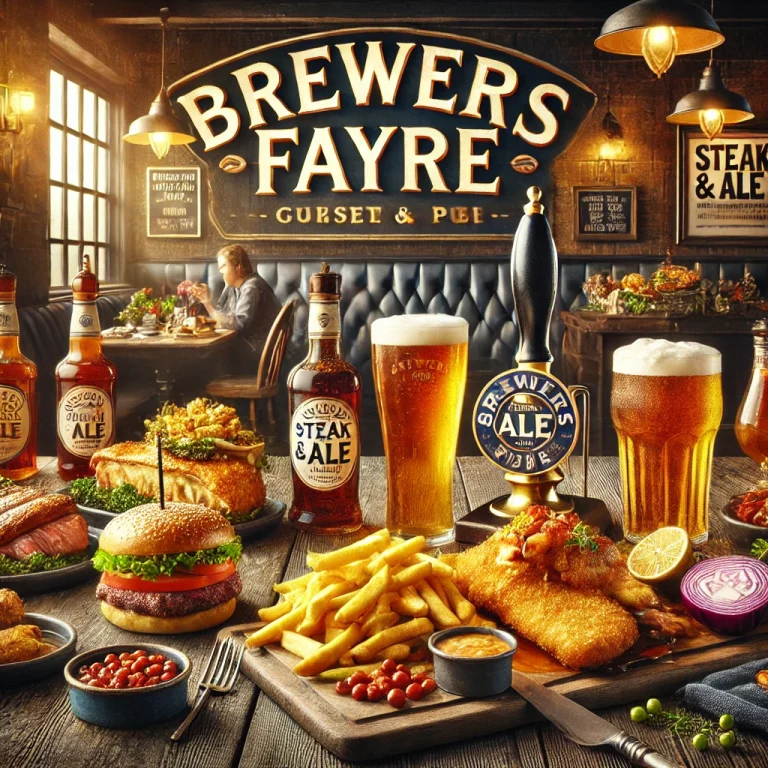 DALL·E 2025 02 22 01.52.49 A hearty presentation of Brewers Fayres menu featuring classic British pub style dishes such as beer battered fish and chips succulent steak and al