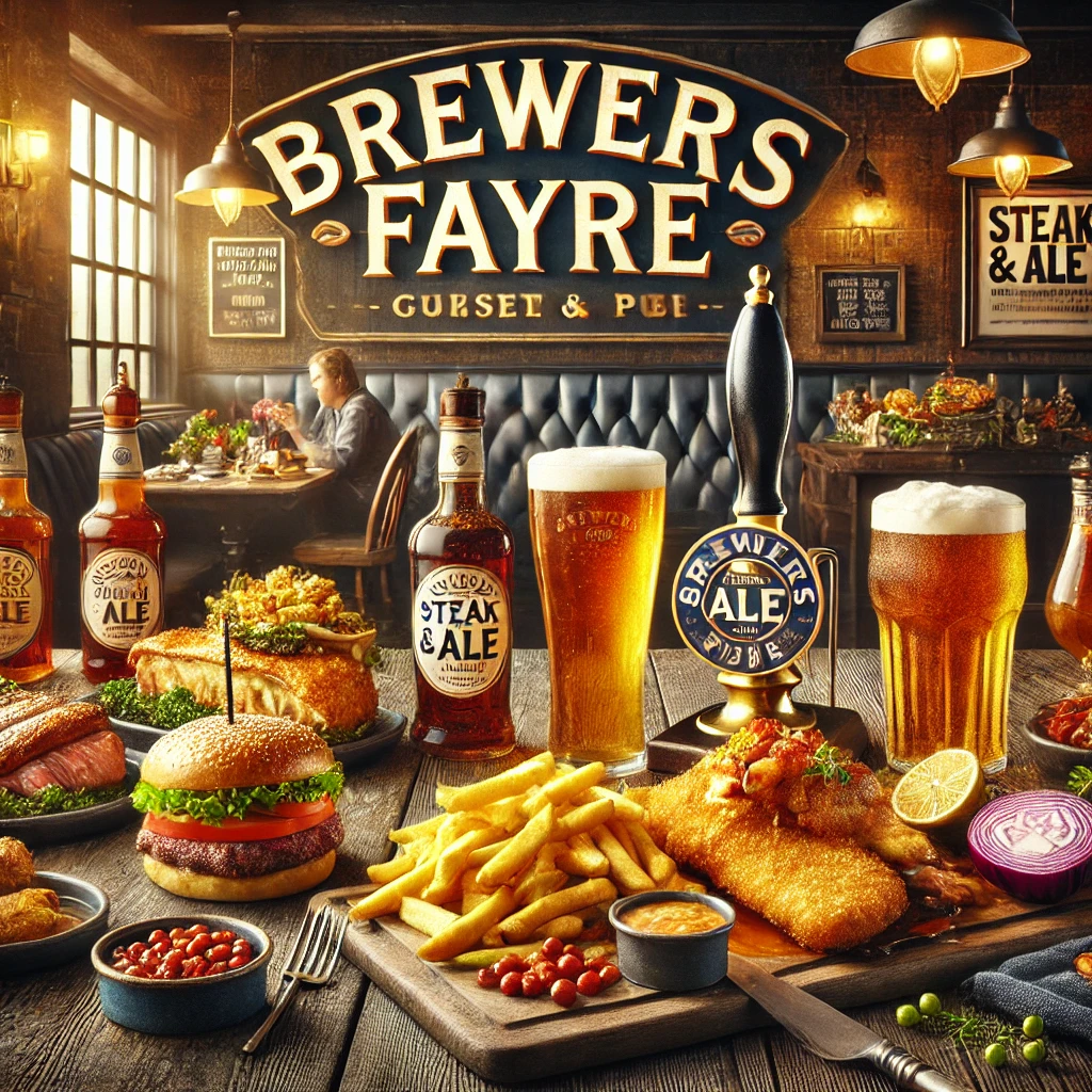 DALL·E 2025 02 22 01.52.49 A hearty presentation of Brewers Fayres menu featuring classic British pub style dishes such as beer battered fish and chips succulent steak and al