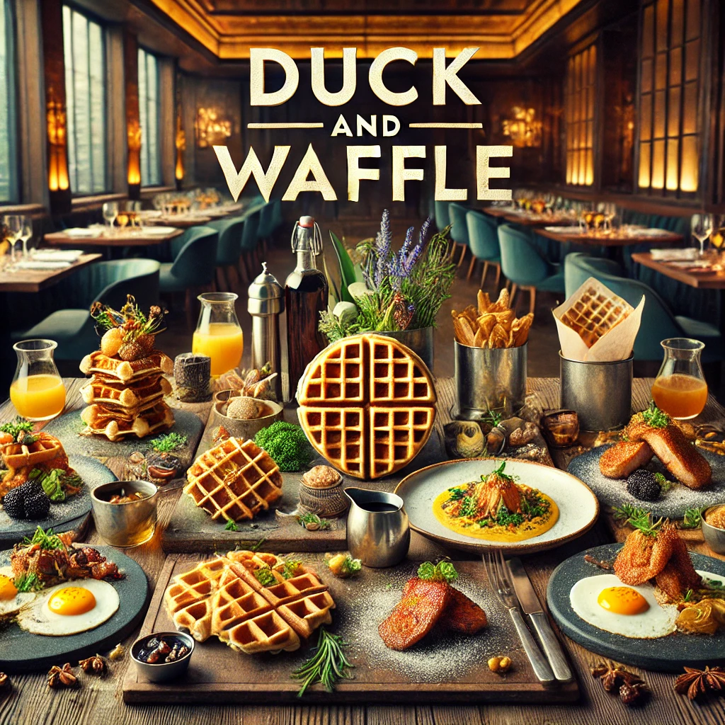 DALL·E 2025 02 22 01.52.51 A luxurious presentation of Duck and Waffles menu featuring a selection of gourmet dishes such as their signature duck and waffle crispy polenta t