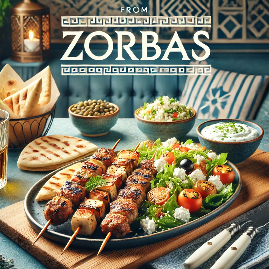 DALL·E 2025 02 22 02.04.00 A delicious Greek feast from the Zorbas menu featuring grilled souvlaki skewers fresh Greek salad with feta cheese warm pita bread and a side of t