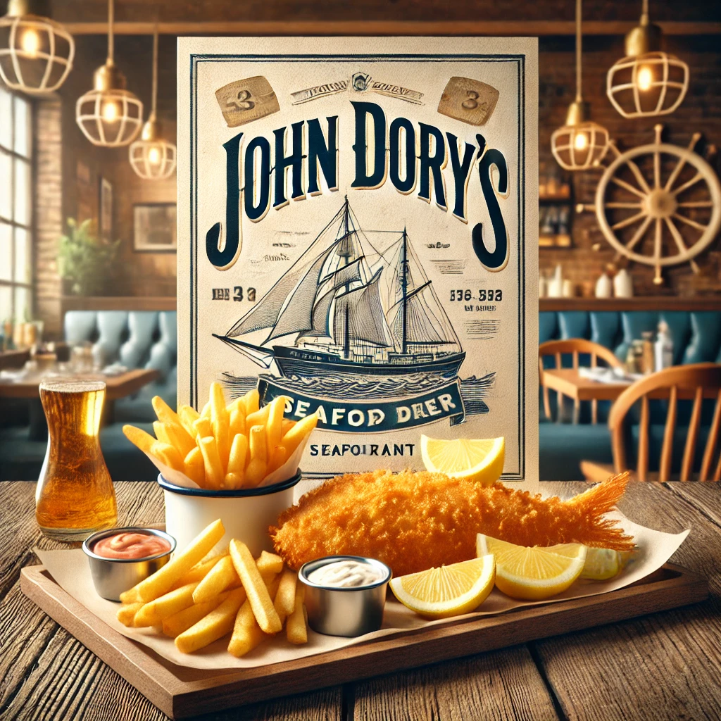 DALL·E 2025 02 22 02.04.04 A delicious seafood platter from the John Dorys menu featuring crispy battered fish golden fries fresh lemon wedges and a side of tartar sauce. Th