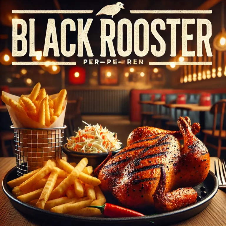 DALL·E 2025 02 22 02.04.39 A mouthwatering selection from the Black Rooster menu featuring a juicy grilled peri peri chicken crispy fries and a side of coleslaw. The backgrou