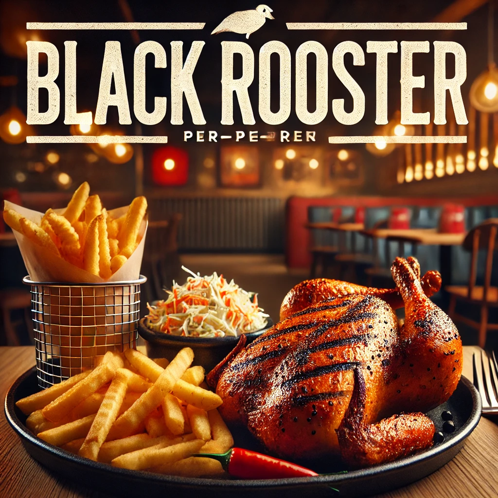 DALL·E 2025 02 22 02.04.39 A mouthwatering selection from the Black Rooster menu featuring a juicy grilled peri peri chicken crispy fries and a side of coleslaw. The backgrou