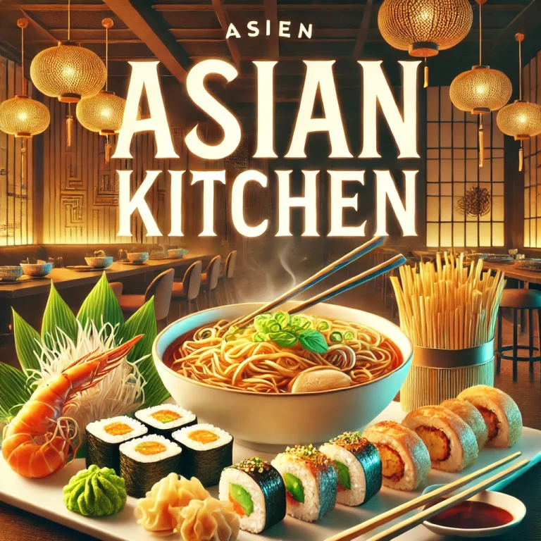 DALL·E 2025 02 22 02.05.17 A vibrant selection from the Asian Kitchen menu featuring sushi rolls a steaming bowl of ramen crispy spring rolls and a side of dumplings. The ba
