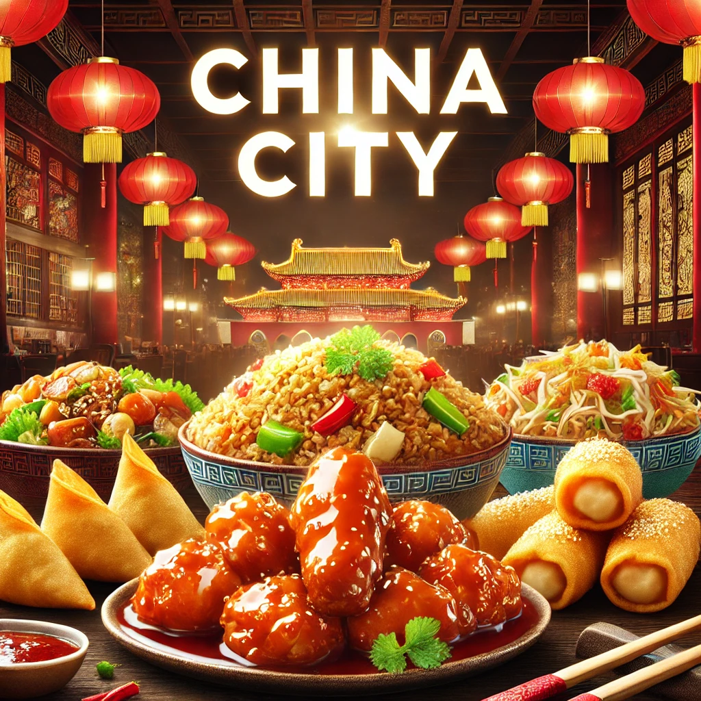 DALL·E 2025 02 22 02.08.26 A delicious selection from the China City menu featuring sweet and sour chicken fried rice crispy spring rolls and steamed dumplings. The backgrou